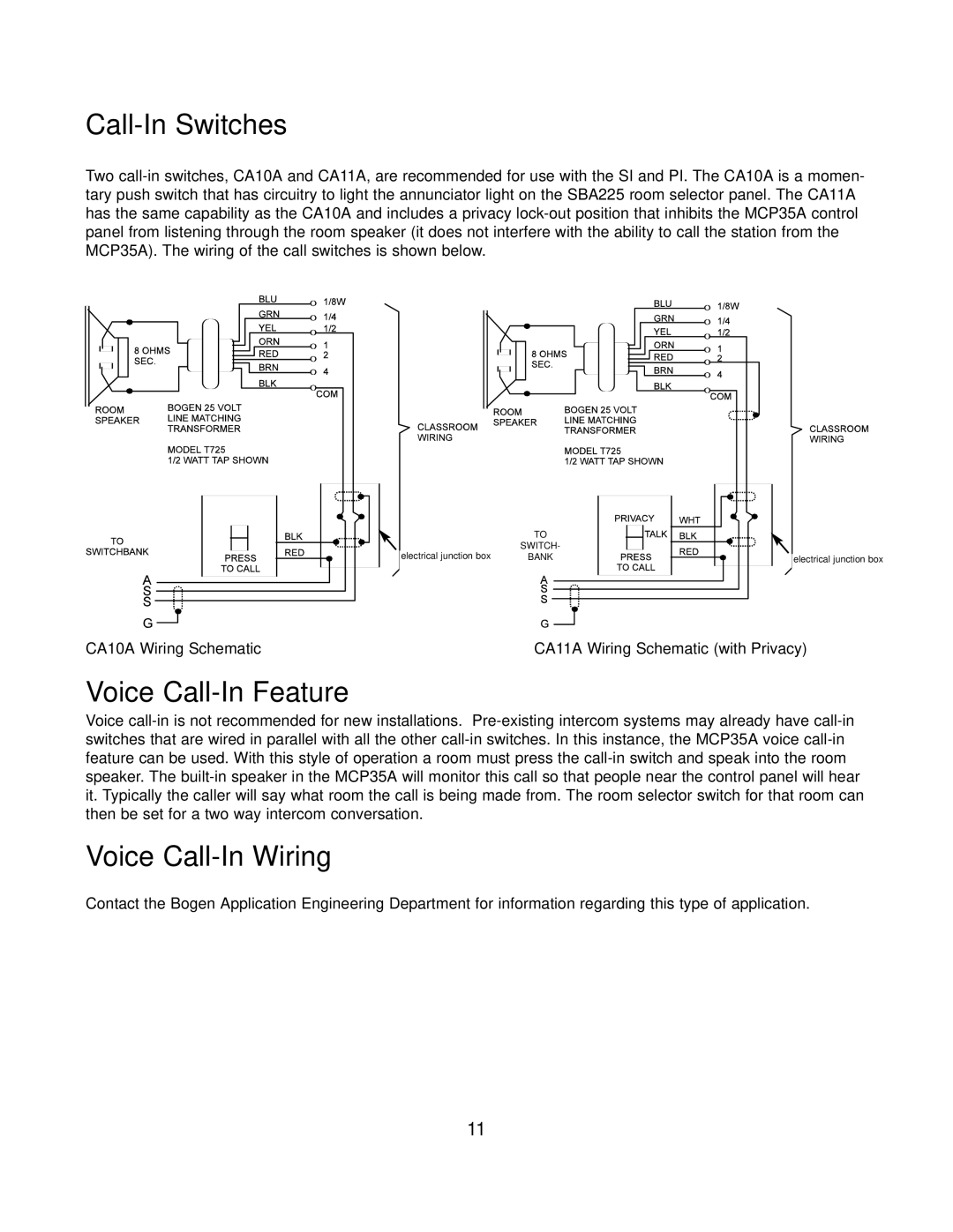 Bogen PI35A, SI35A manual Call-In Switches, Voice Call-In Feature, Voice Call-In Wiring 