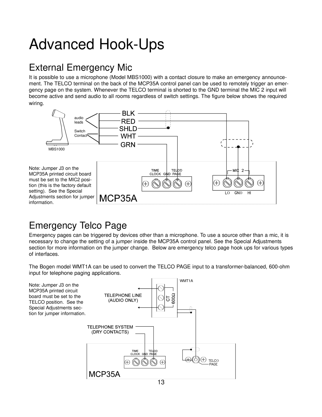 Bogen PI35A, SI35A manual Advanced Hook-Ups, External Emergency Mic, Emergency Telco Page 