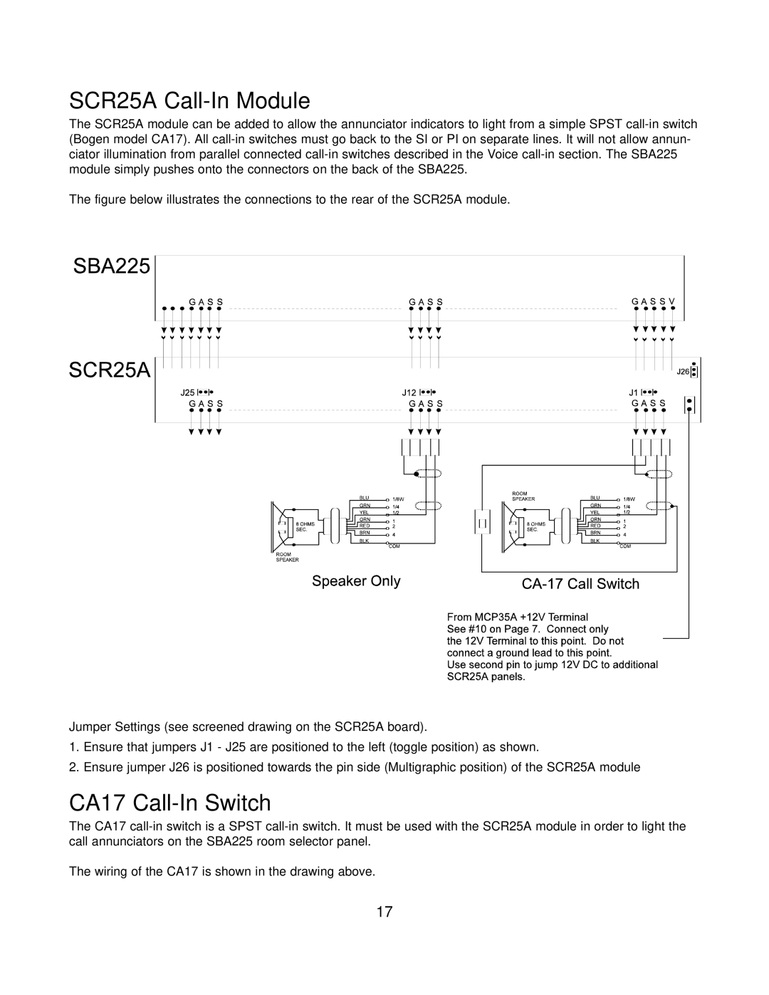 Bogen PI35A, SI35A manual SCR25A Call-In Module, CA17 Call-In Switch 
