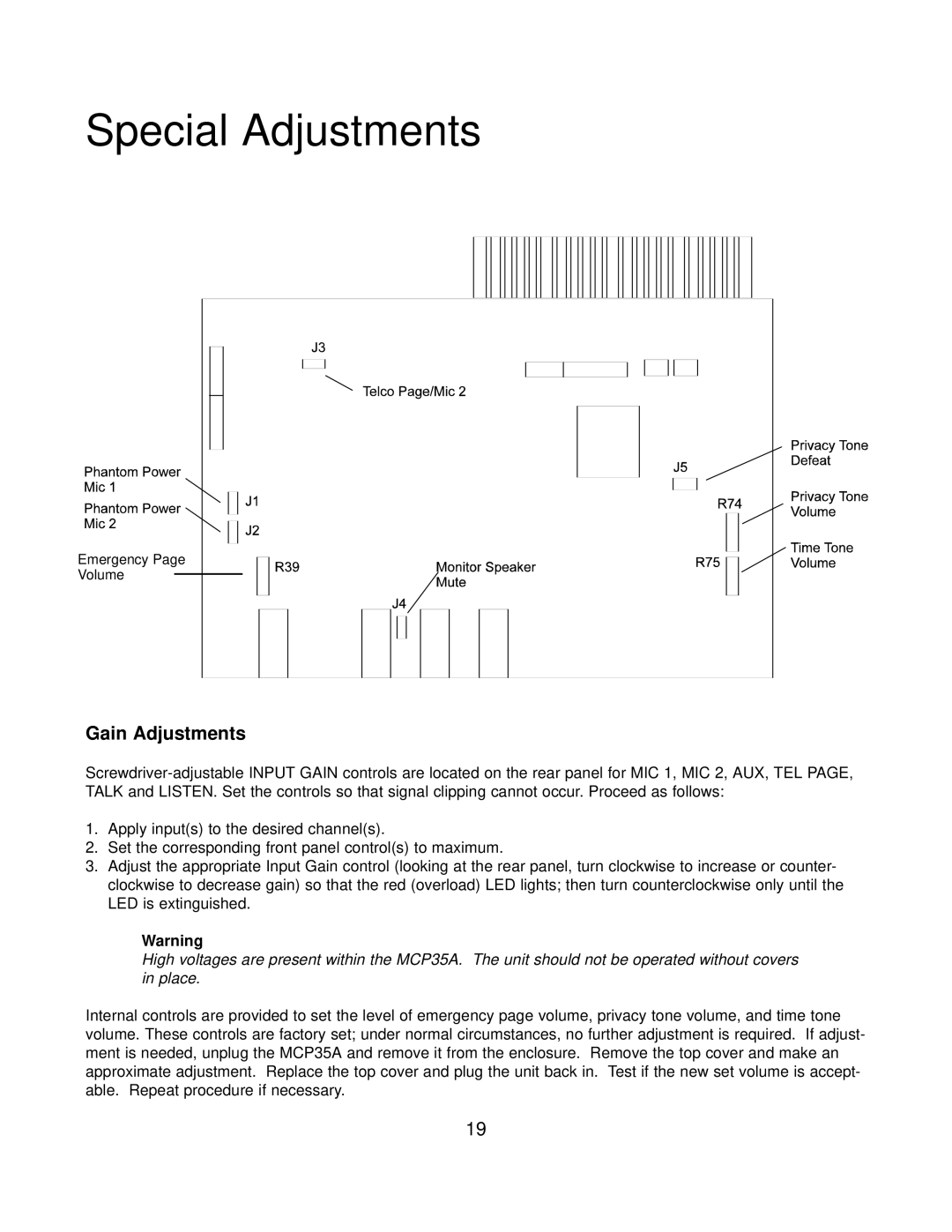 Bogen PI35A, SI35A manual Special Adjustments, Gain Adjustments 