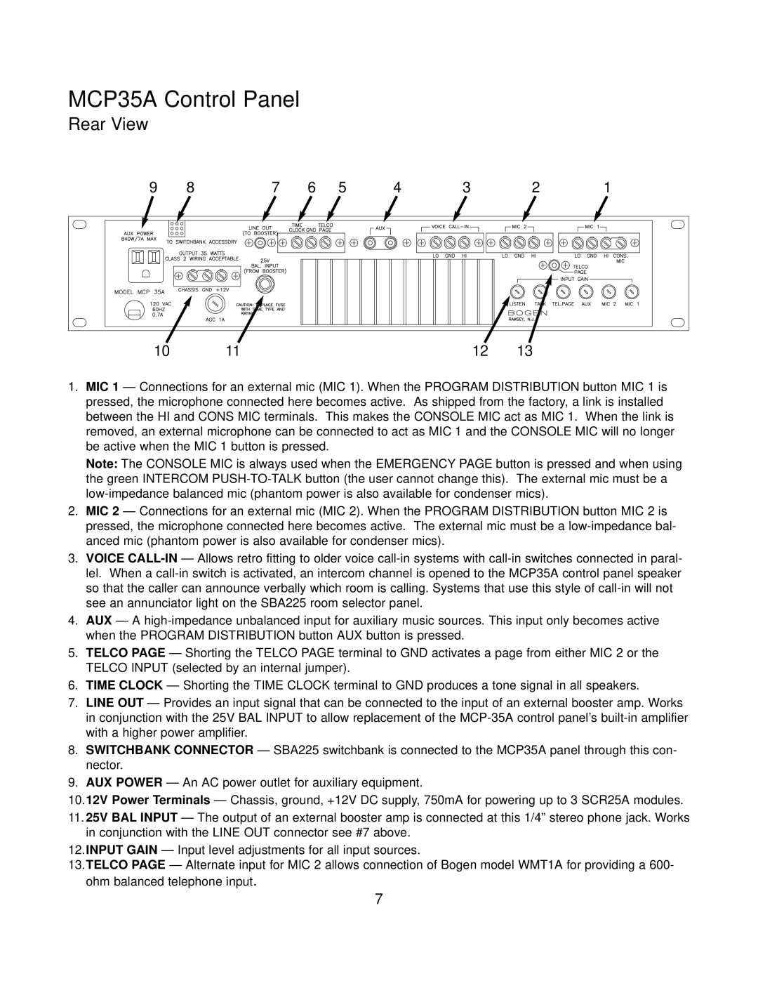 Bogen PI35A, SI35A manual Rear View, MCP35A Control Panel 