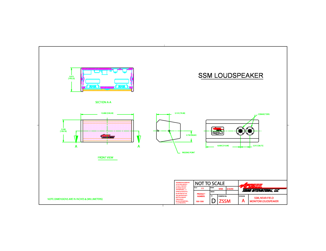 Bogen SSM dimensions Ssm Loudspeaker, Not To Scale, Zssm, Section A-A, Front View, Ssm, Near-Field Monitor/Loudspeaker 