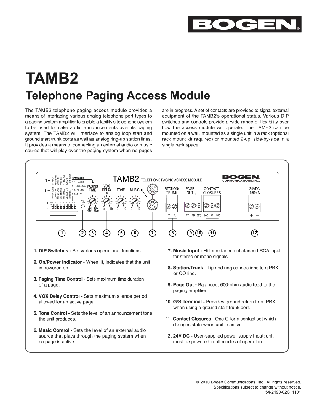 Bogen TAMB2 specifications 