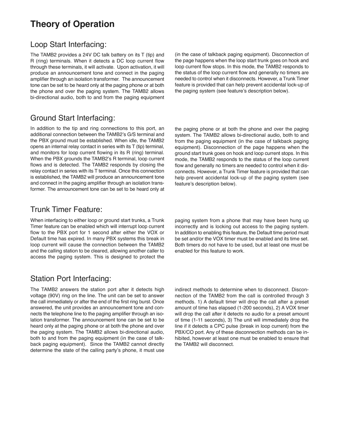 Bogen TAMB2 specifications Theory of Operation, Loop Start Interfacing 