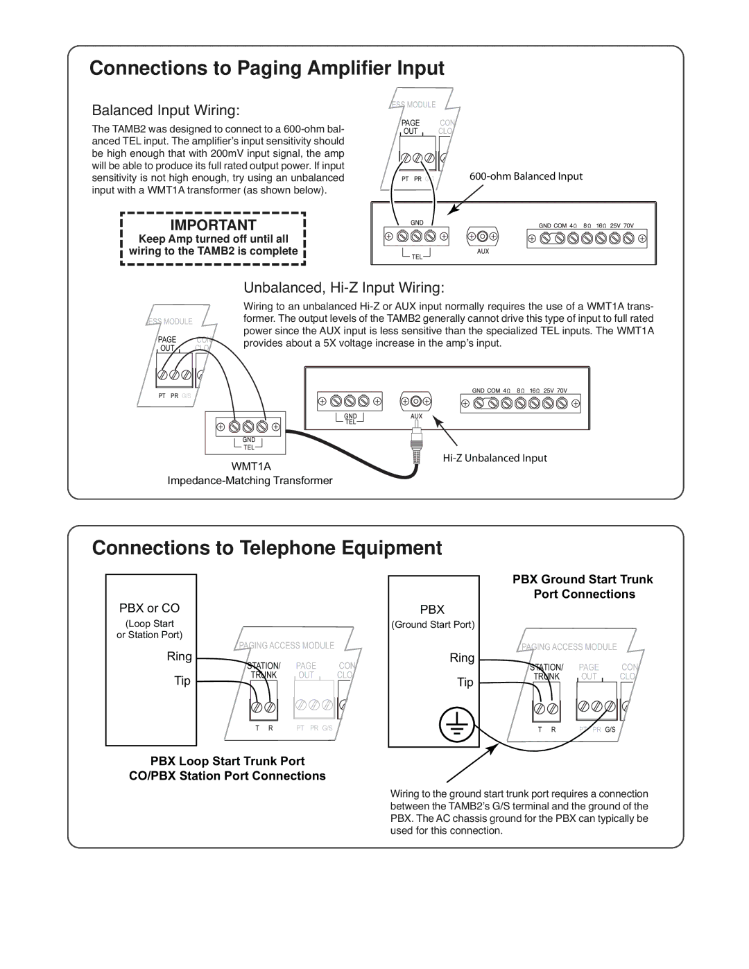 Bogen TAMB2 specifications Connections to Paging Amplifier Input, Connections to Telephone Equipment 