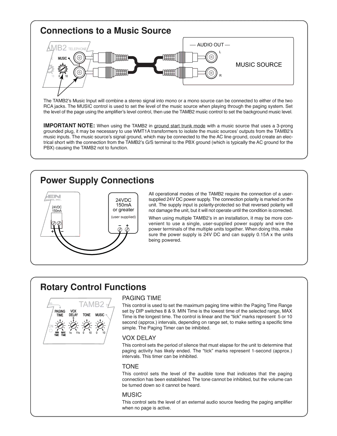 Bogen TAMB2 specifications Connections to a Music Source, Power Supply Connections, Rotary Control Functions 