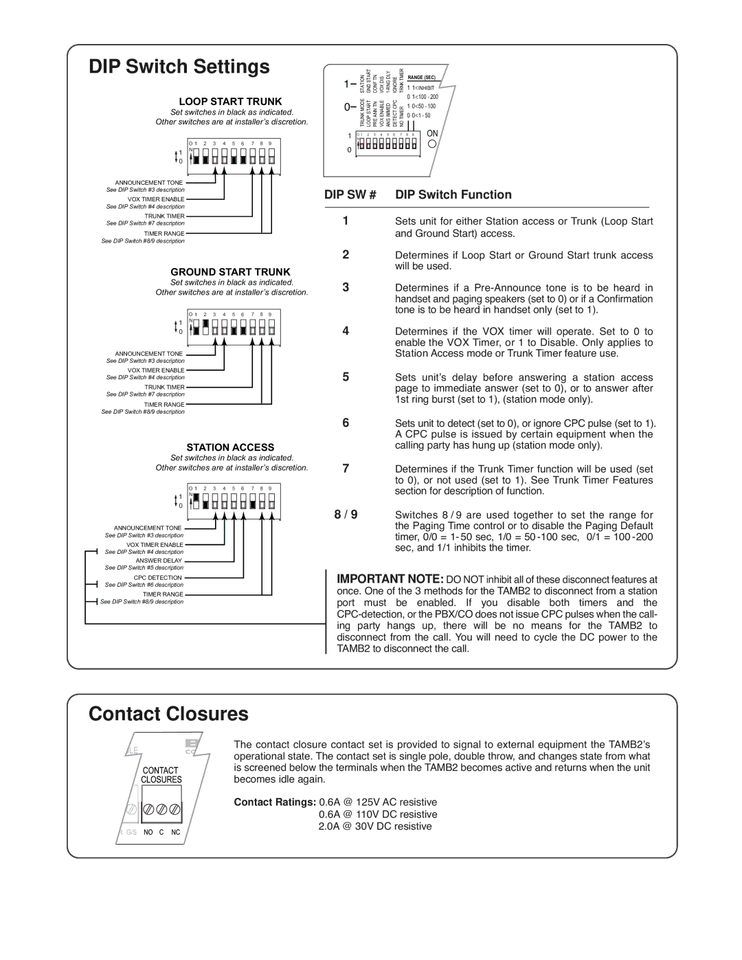 Bogen TAMB2 specifications DIP Switch Settings, Contact Closures, DIP SW # DIP Switch Function 