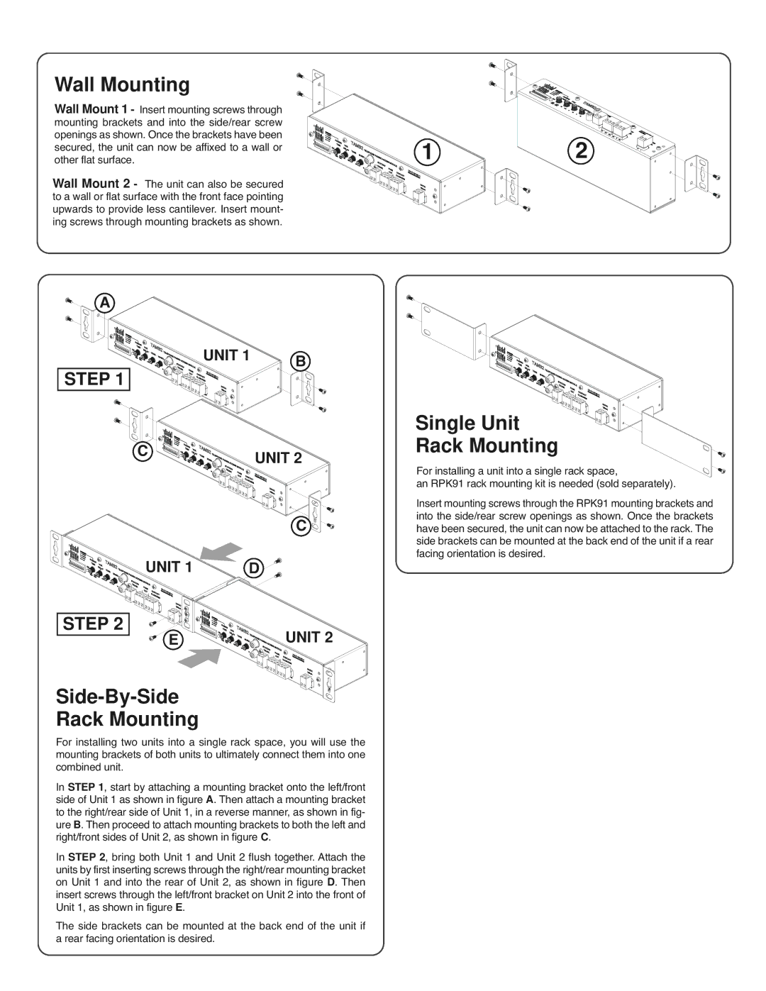 Bogen TAMB2 specifications Wall Mounting, Side-By-Side Rack Mounting, Single Unit Rack Mounting 