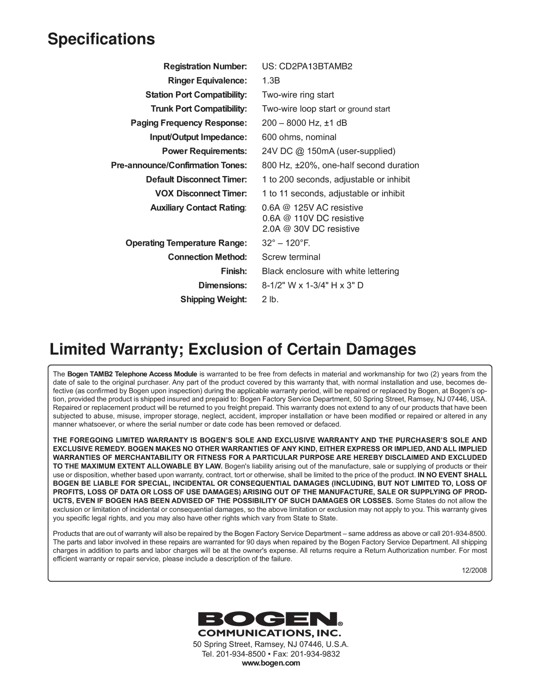 Bogen TAMB2 specifications Specifications 