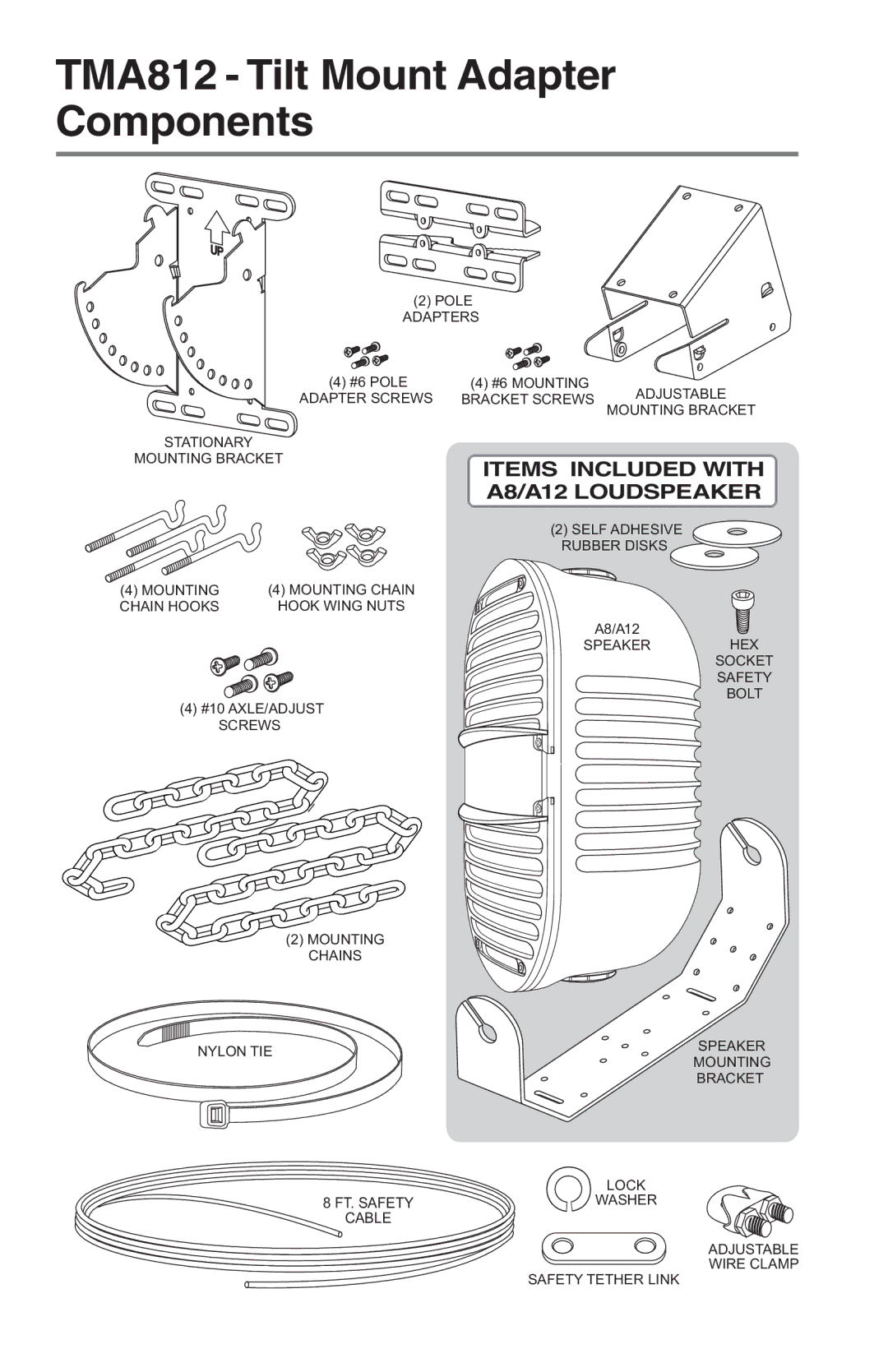 Bogen specifications TMA812 Tilt Mount Adapter Components, Items Included with A8/A12 Loudspeaker 