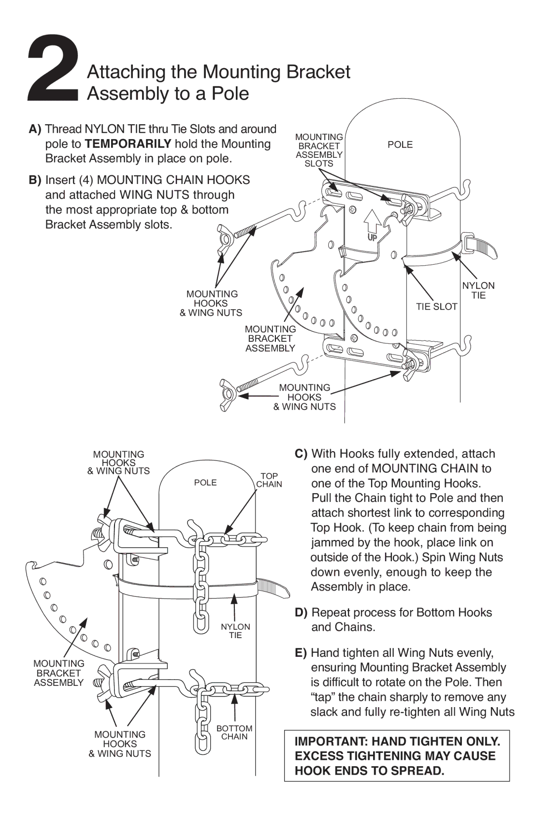 Bogen TMA812 specifications 2Attaching the Mounting Bracket Assembly to a Pole, Repeat process for Bottom Hooks and Chains 