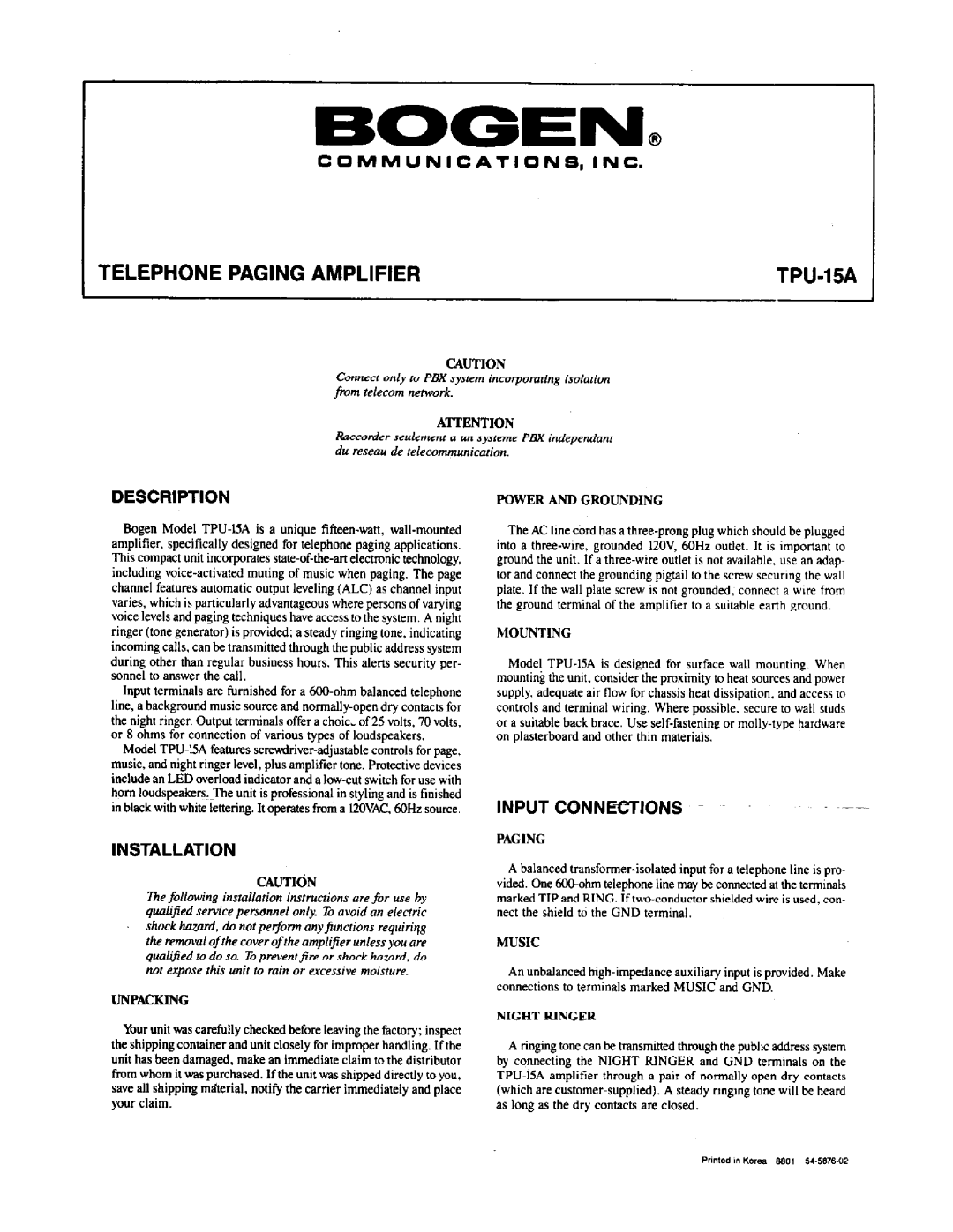 Bogen TPU-15A manual 