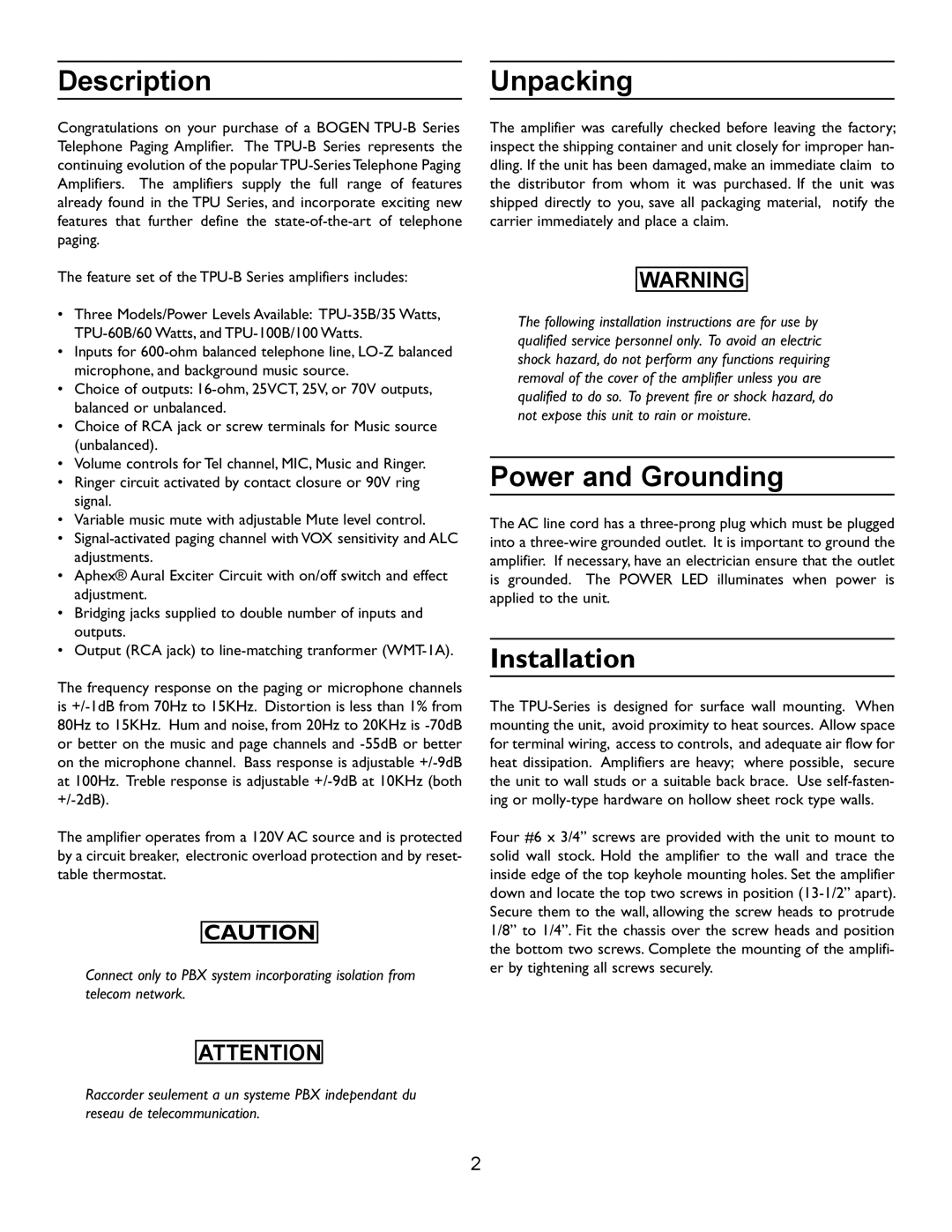 Bogen TPU-35B, TPU-60B, TPU-100B operating instructions DescriptionUnpacking, Power and Grounding, Installation 