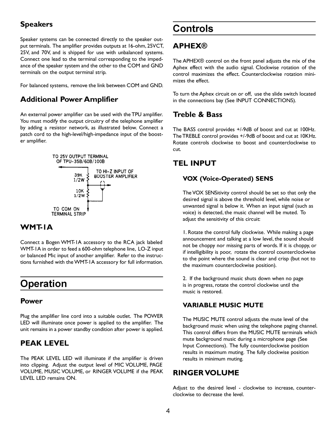 Bogen TPU-100B, TPU-35B, TPU-60B operating instructions Controls, Operation 