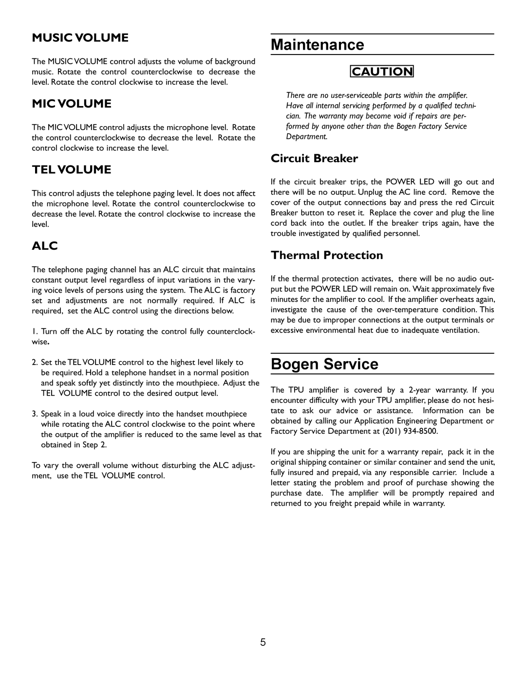 Bogen TPU-35B, TPU-60B, TPU-100B operating instructions Maintenance, Bogen Service 