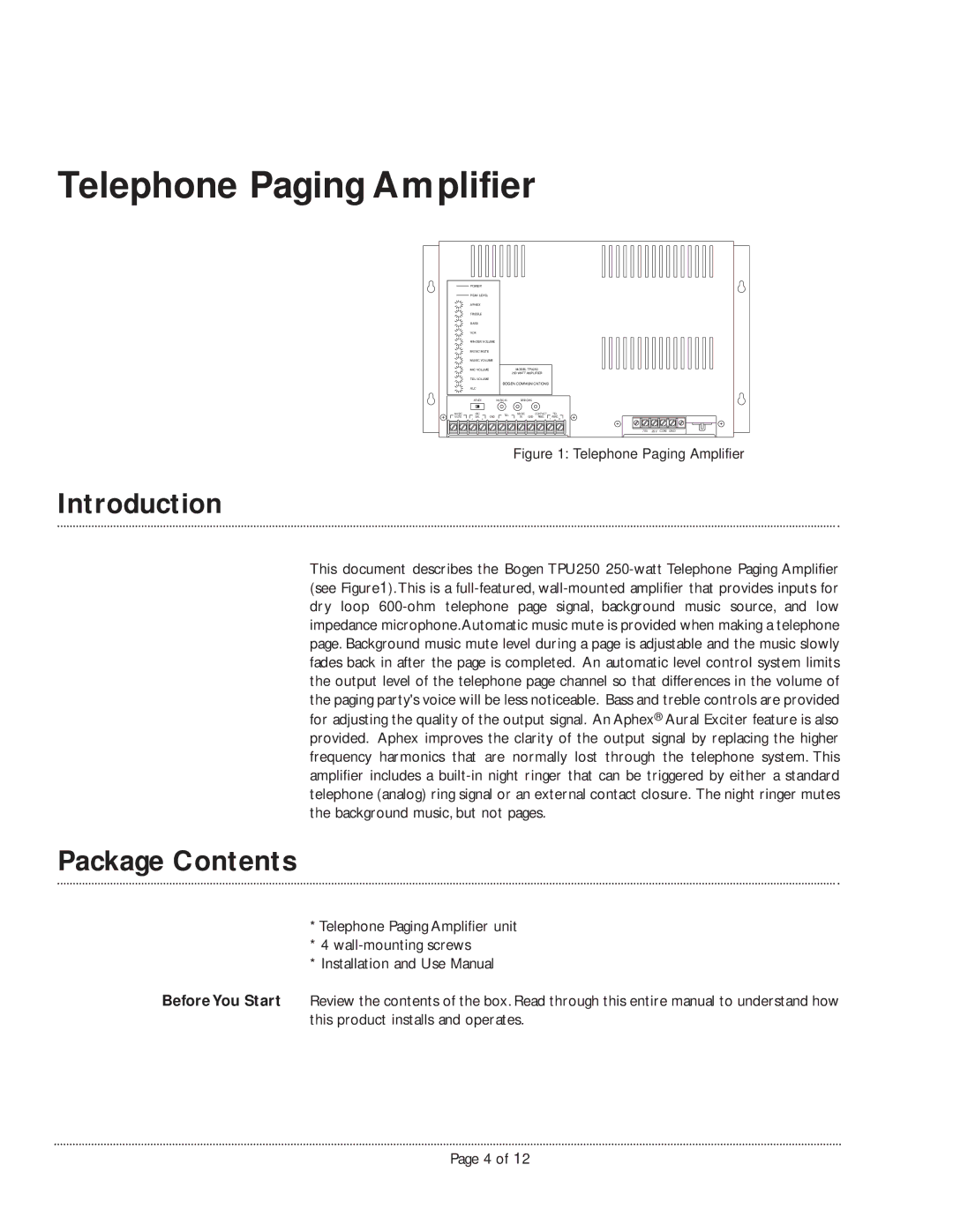 Bogen TPU250 manual Introduction, Package Contents 