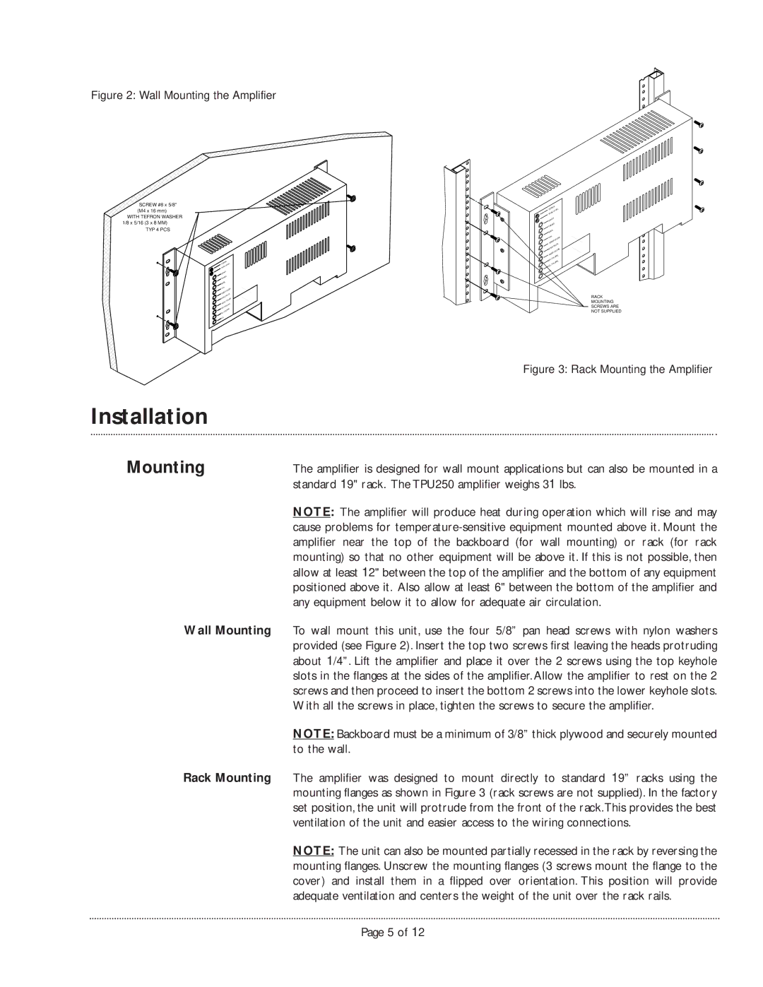 Bogen TPU250 manual Wall Mounting, Rack Mounting 