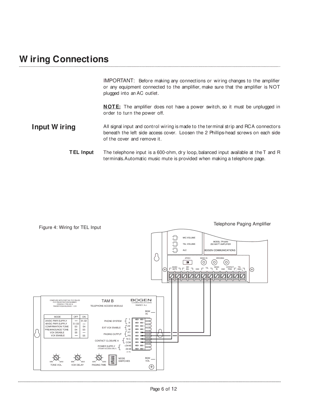 Bogen TPU250 manual Wiring Connections, Input Wiring 