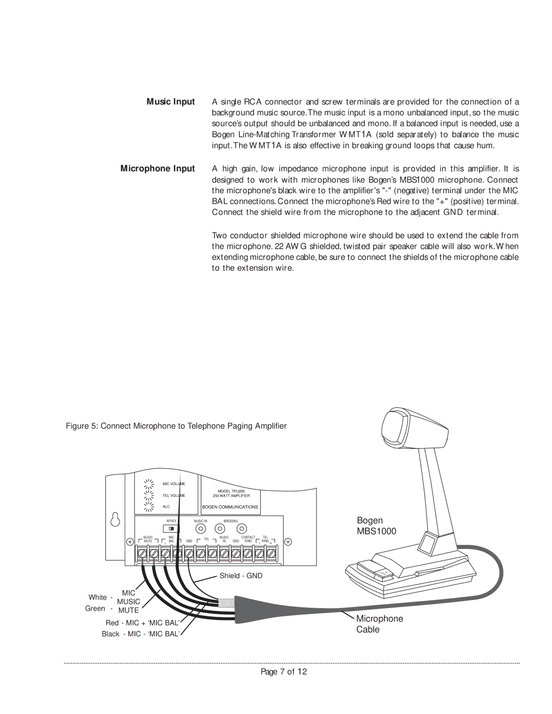 Bogen TPU250 manual Bogen MBS1000 Microphone Cable, Connect Microphone to Telephone Paging Amplifier 