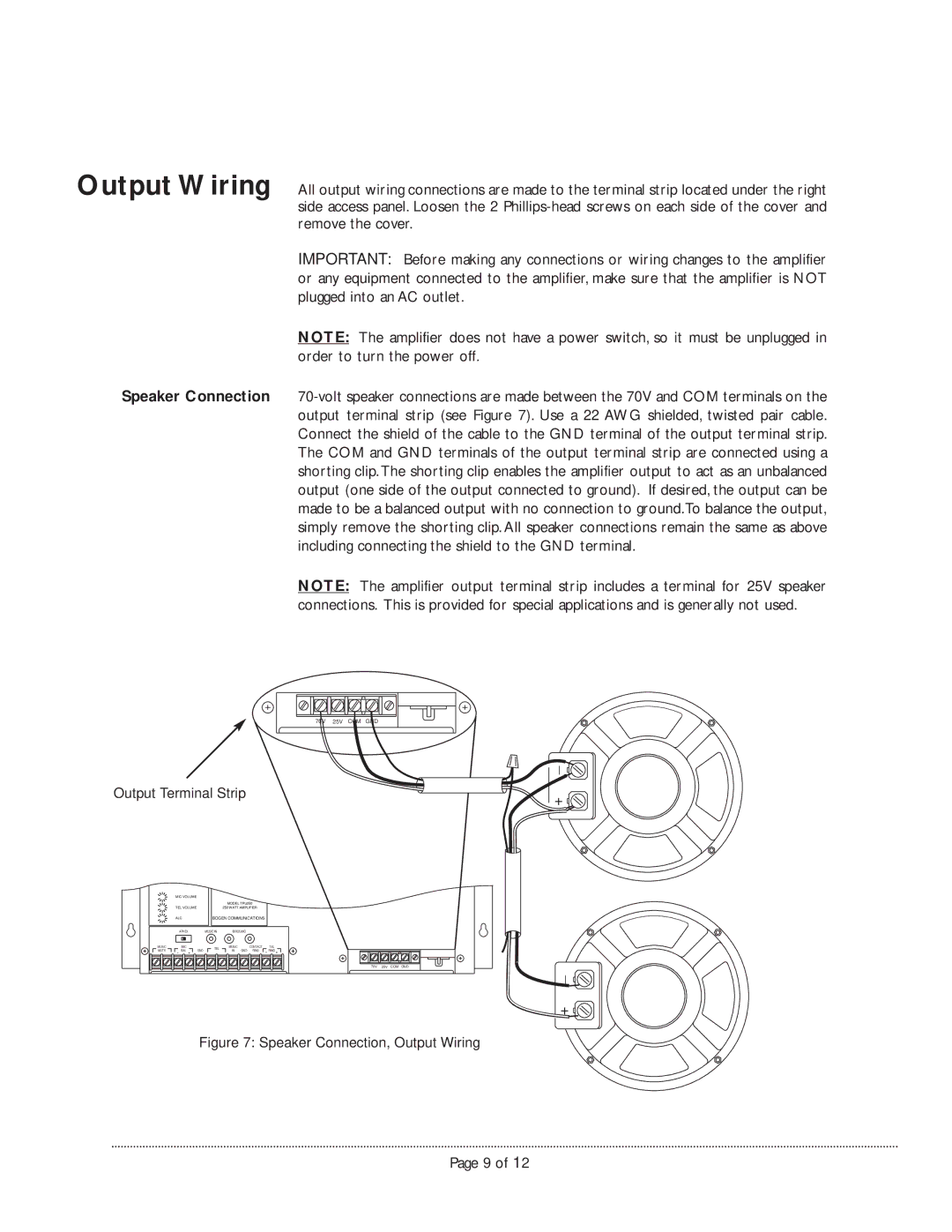 Bogen TPU250 manual Speaker Connection, Output Wiring 