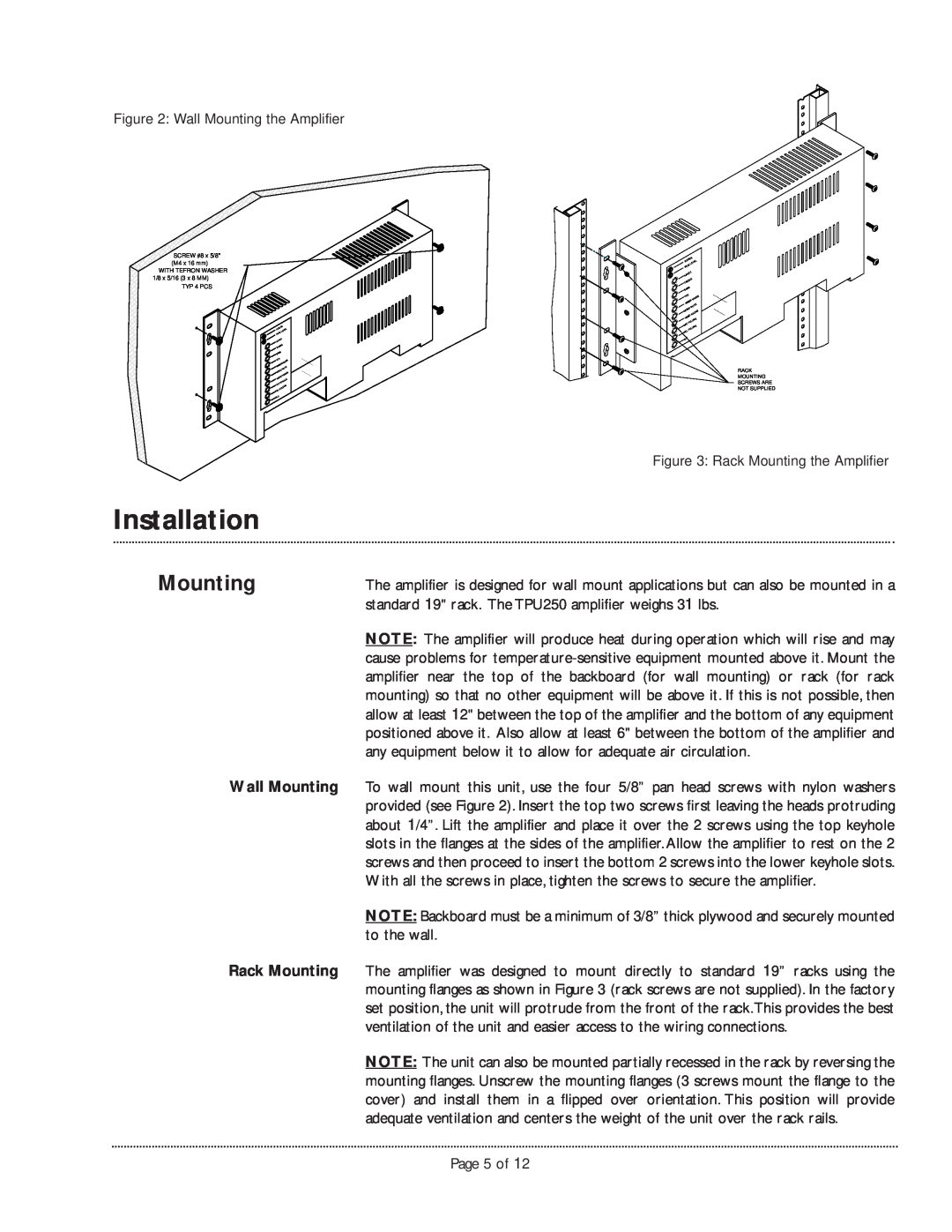 Bogen TPU250 manual Wall Mounting, Rack Mounting, Installation 