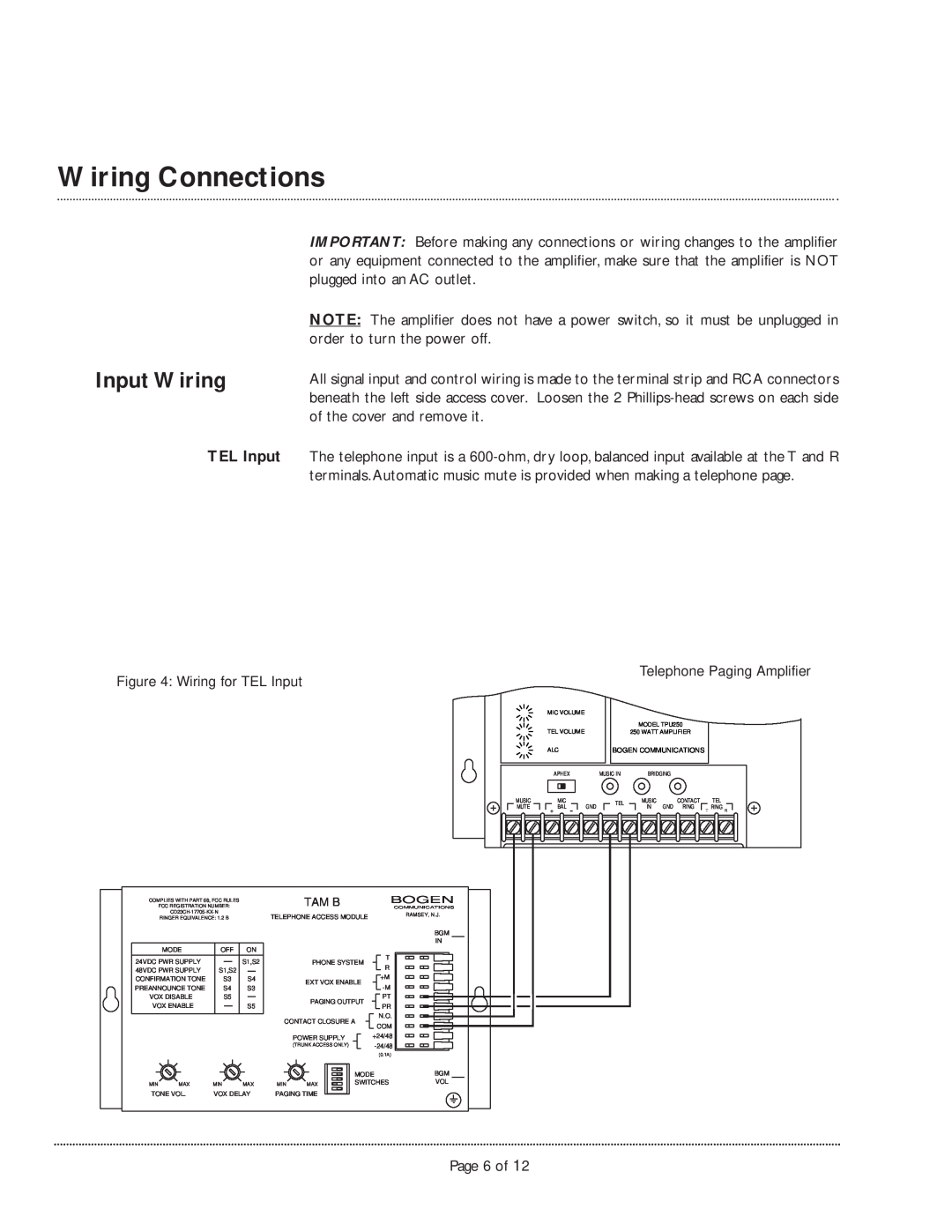 Bogen TPU250 manual Wiring Connections, Input Wiring 