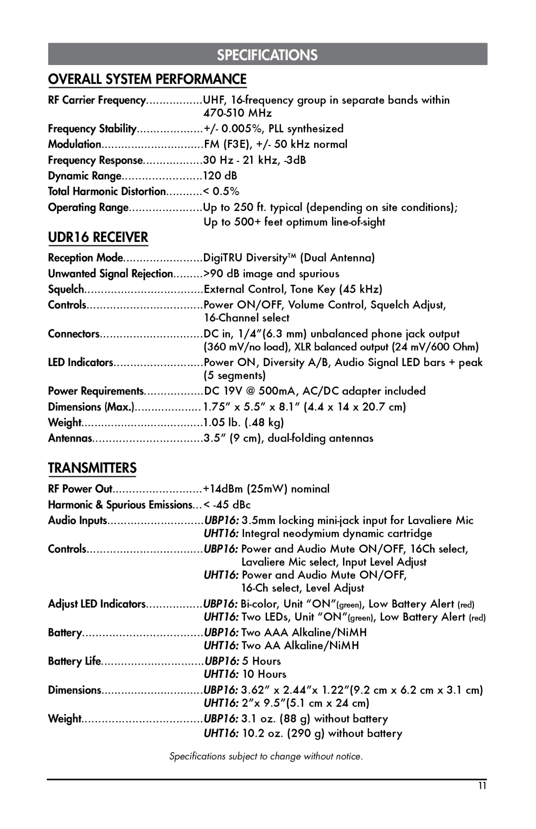 Bogen UDMS16BP, UDMS16HH instruction manual Specifications, Overall System Performance 