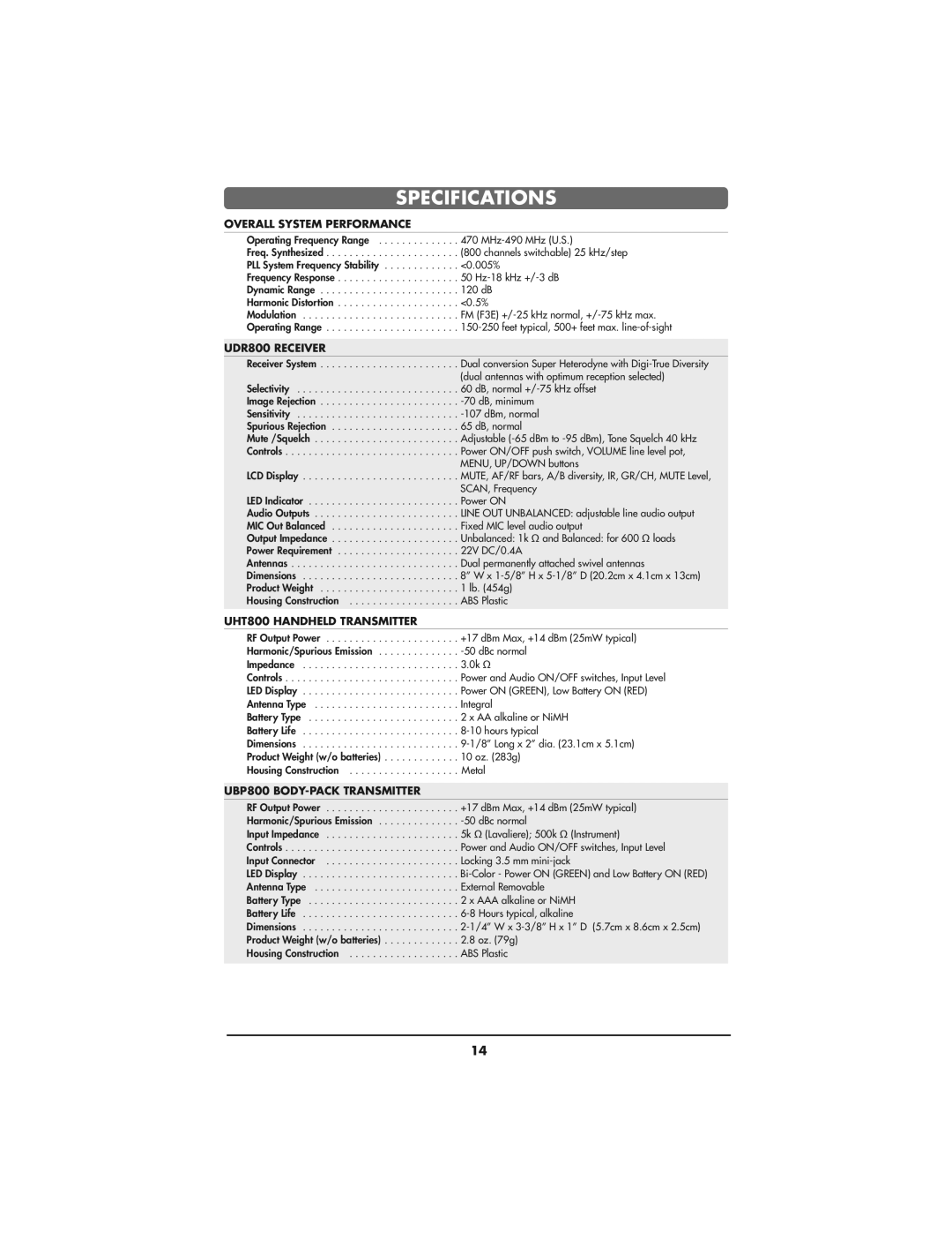 Bogen UDMS800HH, UDMS800BP instruction manual Specifications, Overall System Performance 