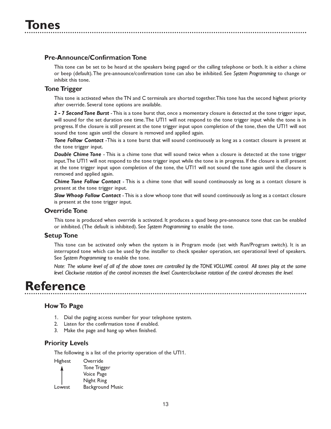 Bogen UTI1 specifications Tones, Reference 