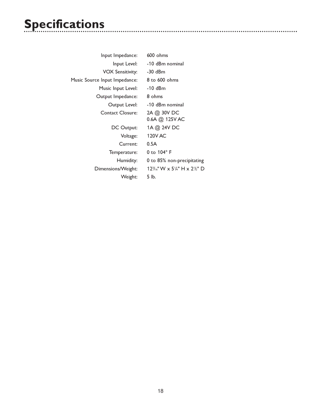 Bogen UTI1 specifications Specifications 