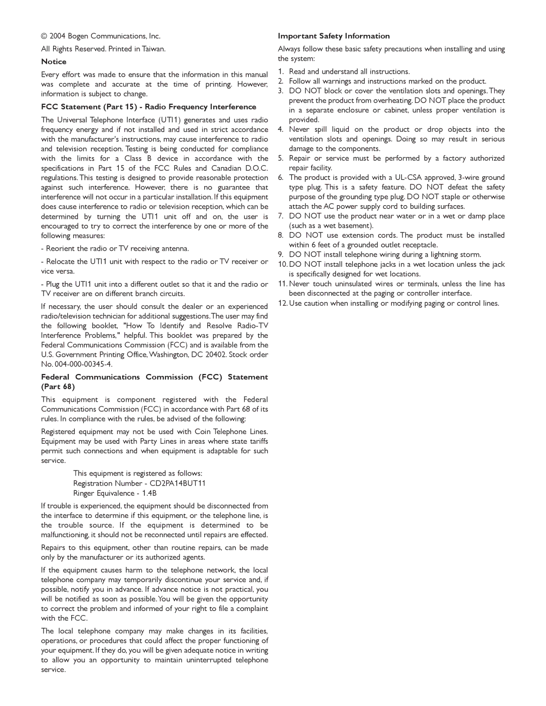 Bogen UTI1 specifications FCC Statement Part 15 Radio Frequency Interference 