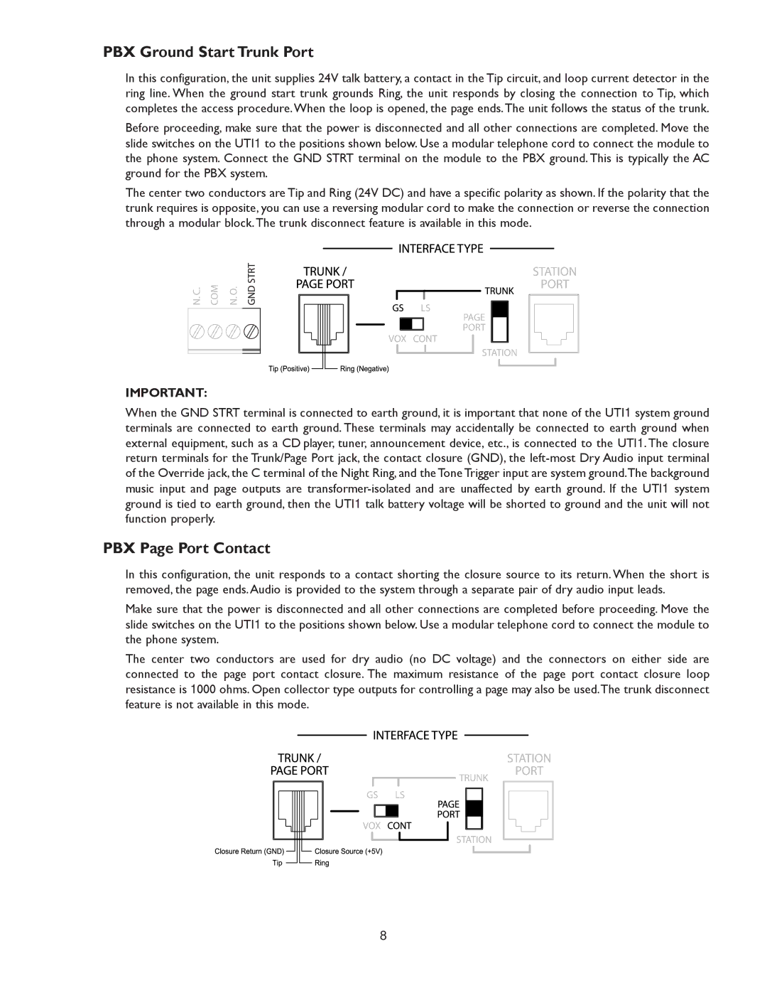 Bogen UTI1 specifications PBX Ground Start Trunk Port, PBX Page Port Contact 