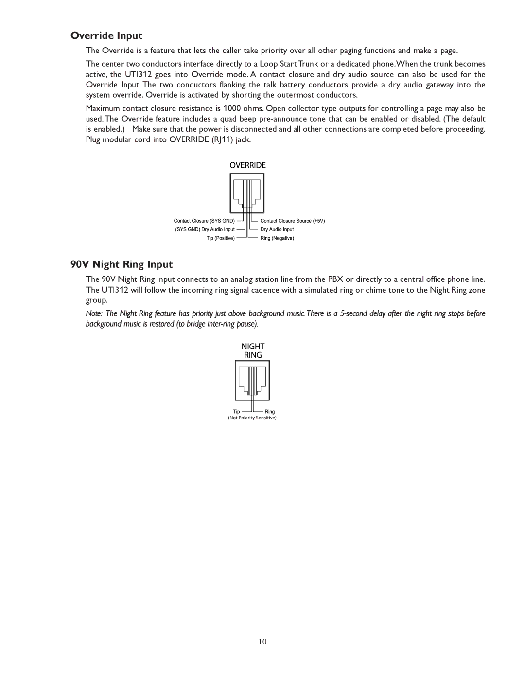 Bogen UTI312 specifications Override Input, 90V Night Ring Input 