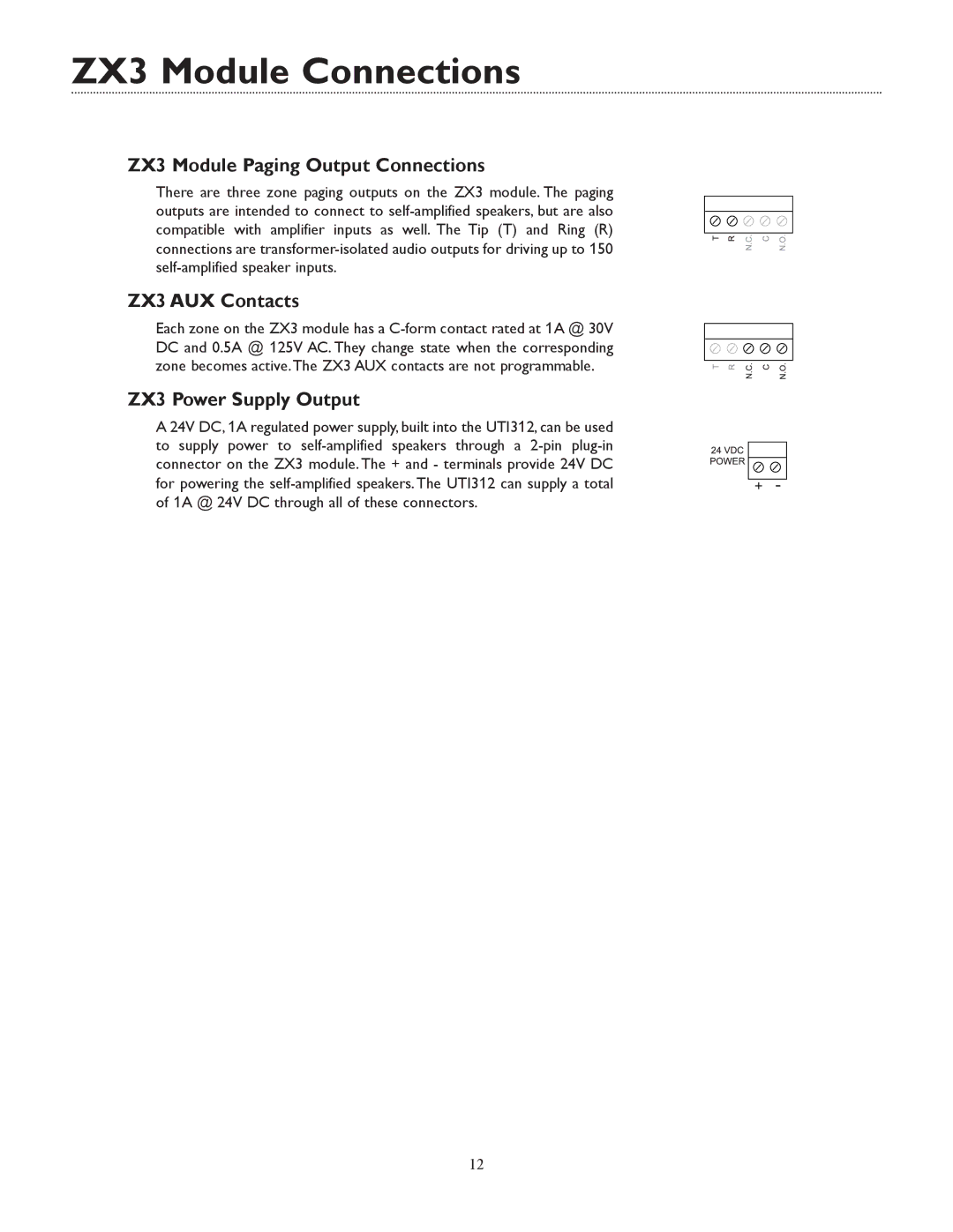 Bogen UTI312 ZX3 Module Connections, ZX3 Module Paging Output Connections, ZX3 AUX Contacts, ZX3 Power Supply Output 