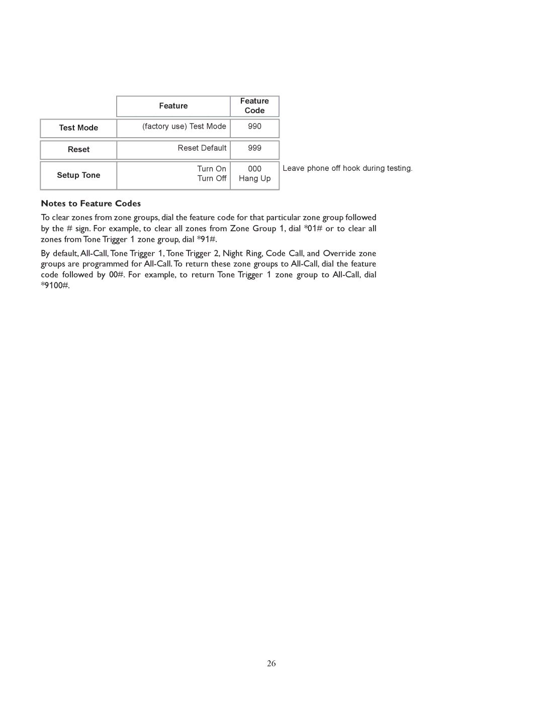 Bogen UTI312 specifications Feature Code Test Mode 