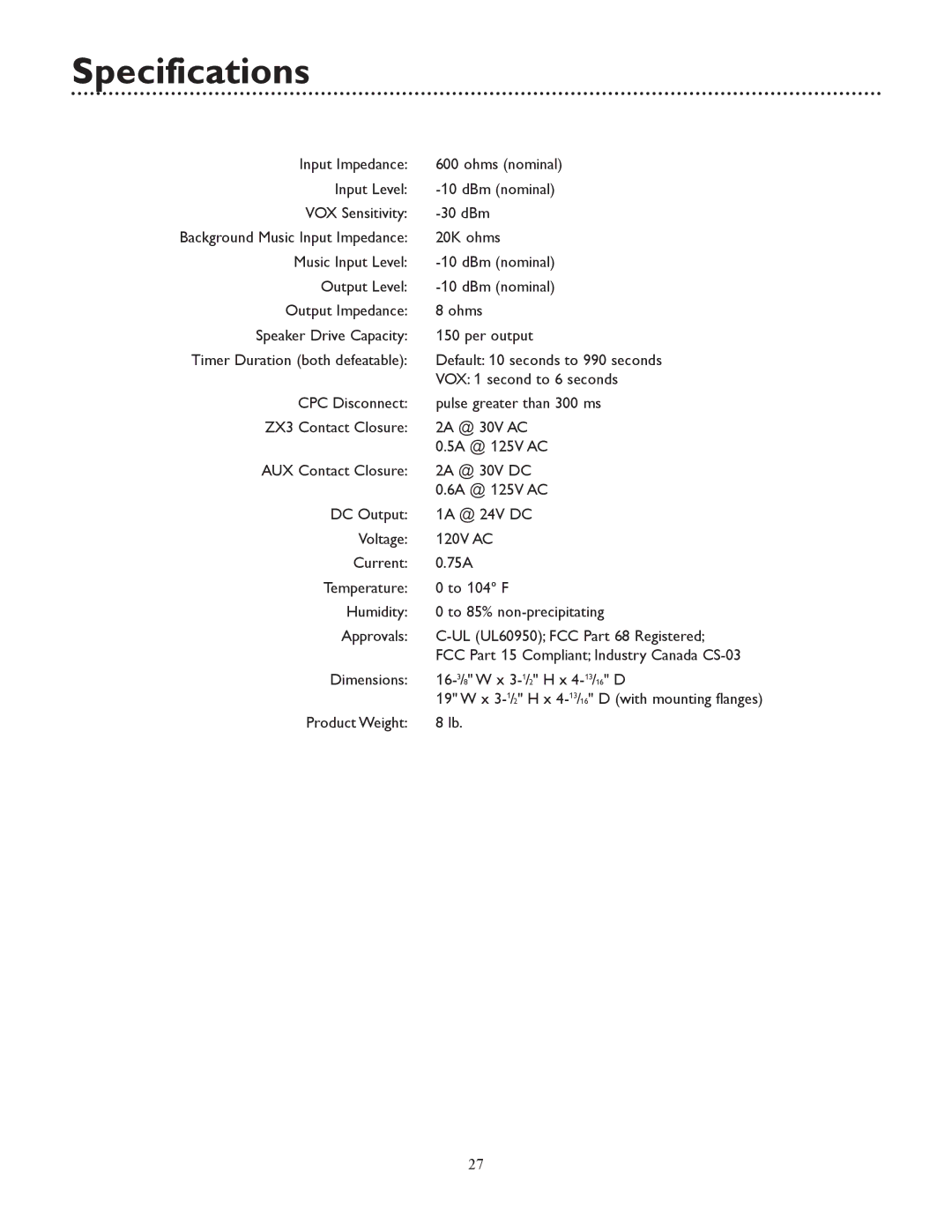 Bogen UTI312 specifications Specifications 