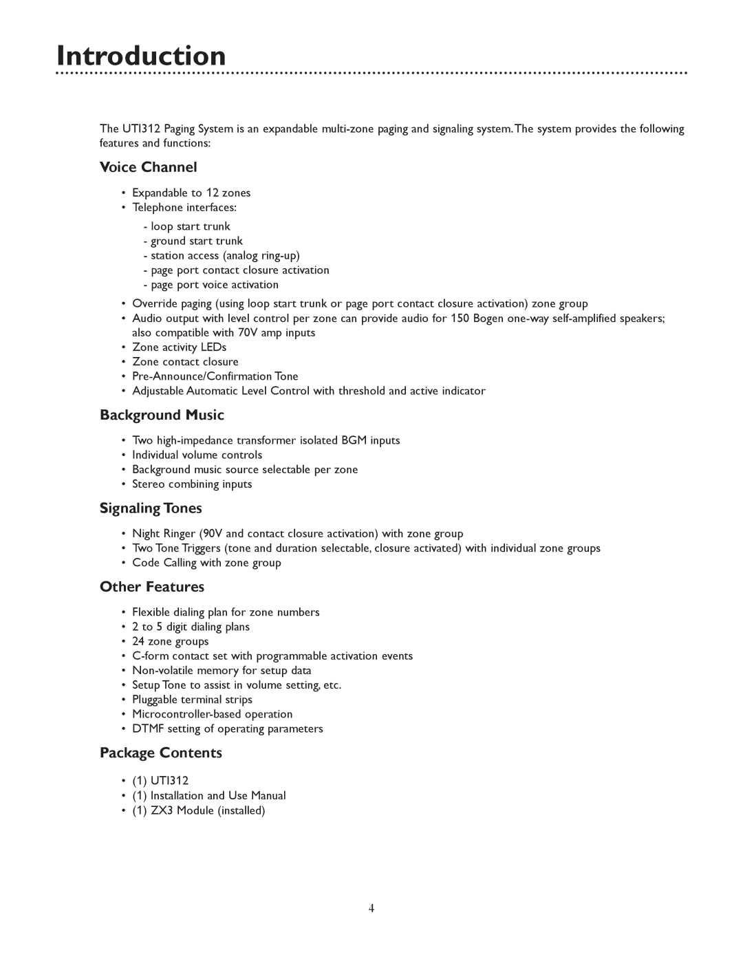 Bogen UTI312 specifications Introduction 