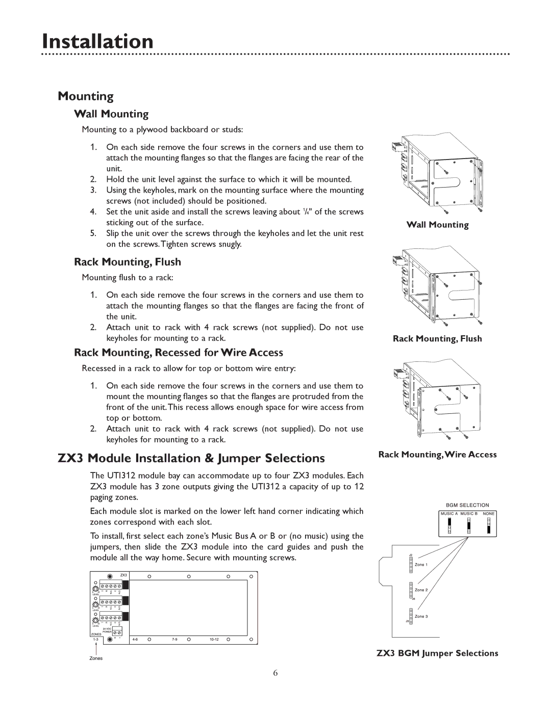 Bogen UTI312 specifications Installation, Wall Mounting, Rack Mounting, Flush, Rack Mounting, Recessed for Wire Access 