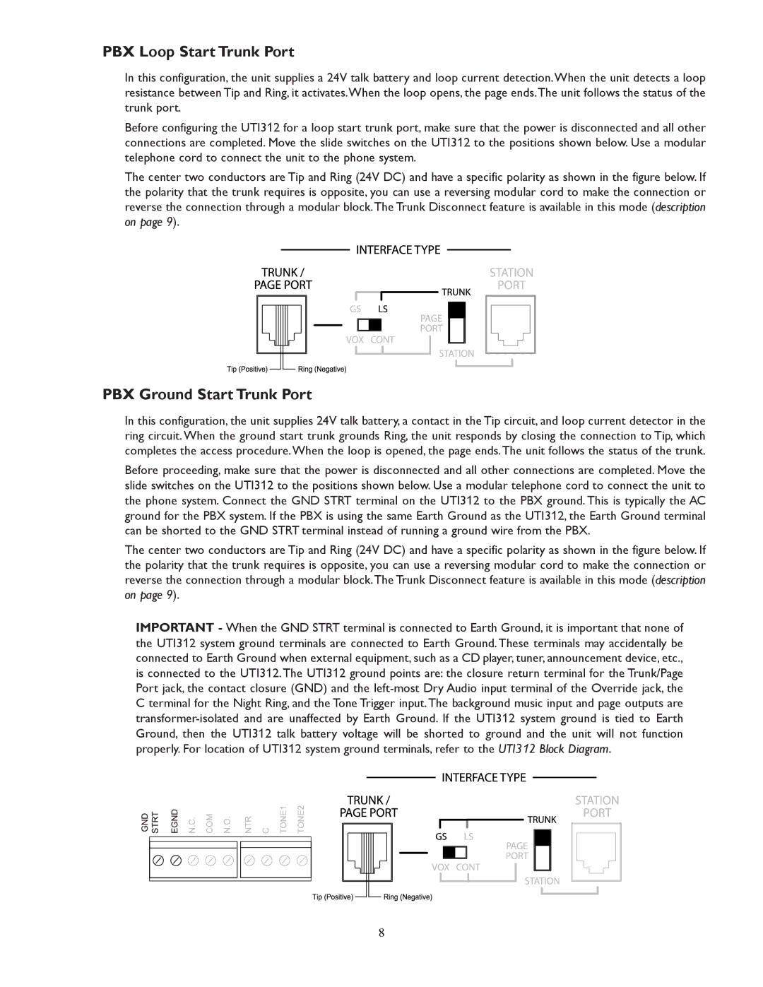 Bogen UTI312 specifications PBX Loop Start Trunk Port, PBX Ground Start Trunk Port 