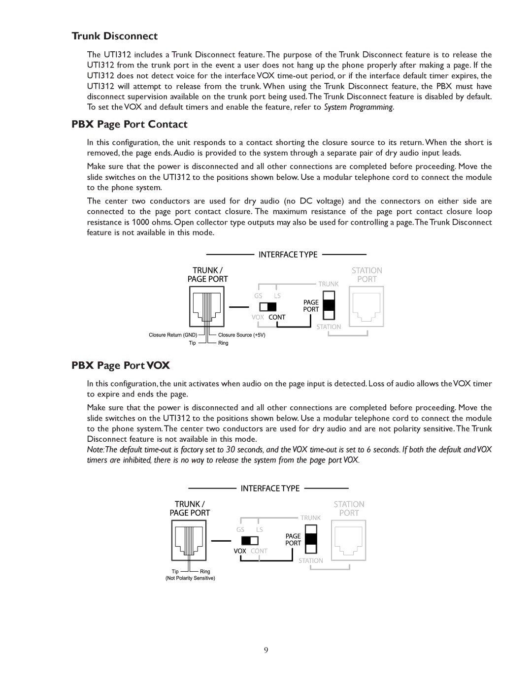 Bogen UTI312 specifications Trunk Disconnect, PBX Page Port Contact, PBX Page Port VOX 