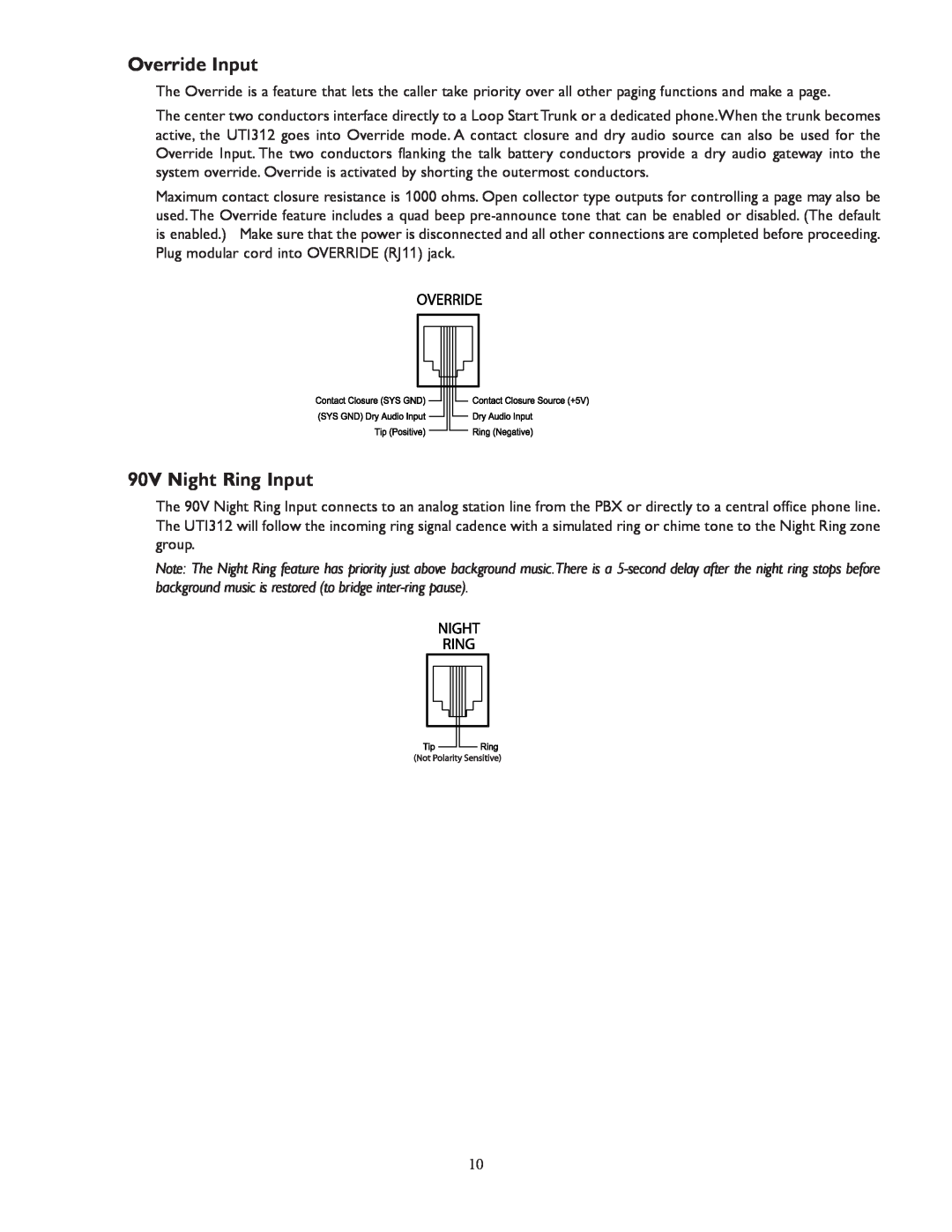 Bogen UTI312 specifications Override Input, 90V Night Ring Input 