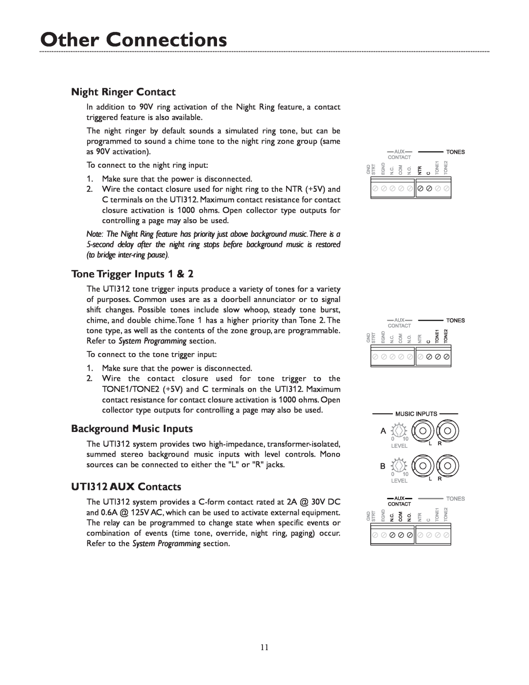 Bogen Other Connections, Night Ringer Contact, Tone Trigger Inputs 1, Background Music Inputs, UTI312 AUX Contacts 