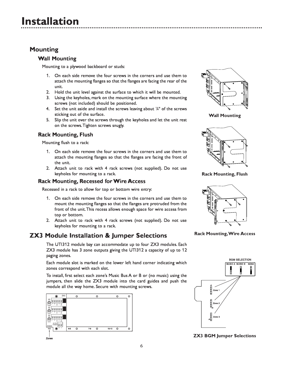 Bogen UTI312 specifications Installation, Wall Mounting, Rack Mounting, Flush, Rack Mounting, Recessed for Wire Access 