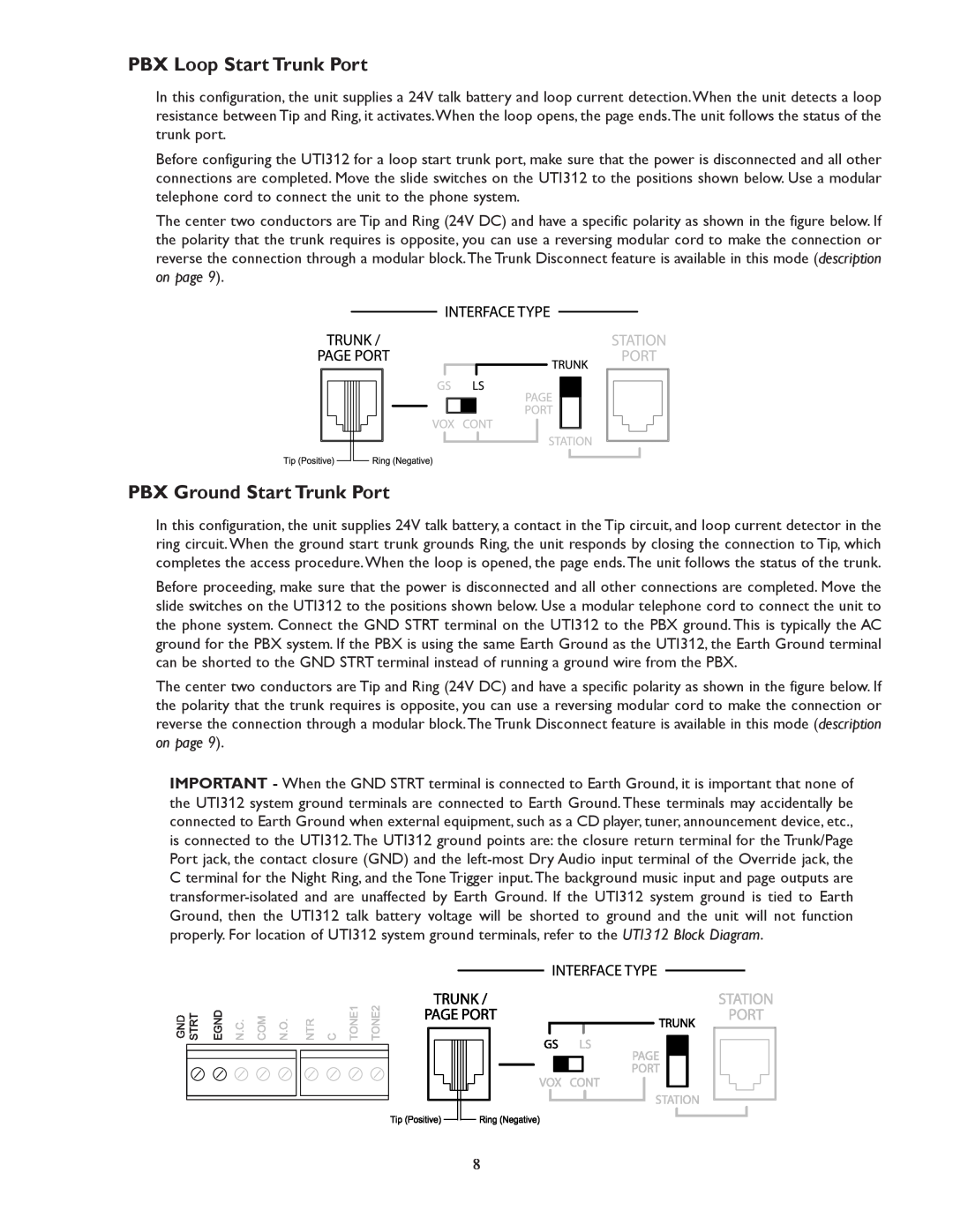 Bogen UTI312 specifications PBX Loop Start Trunk Port, PBX Ground Start Trunk Port 