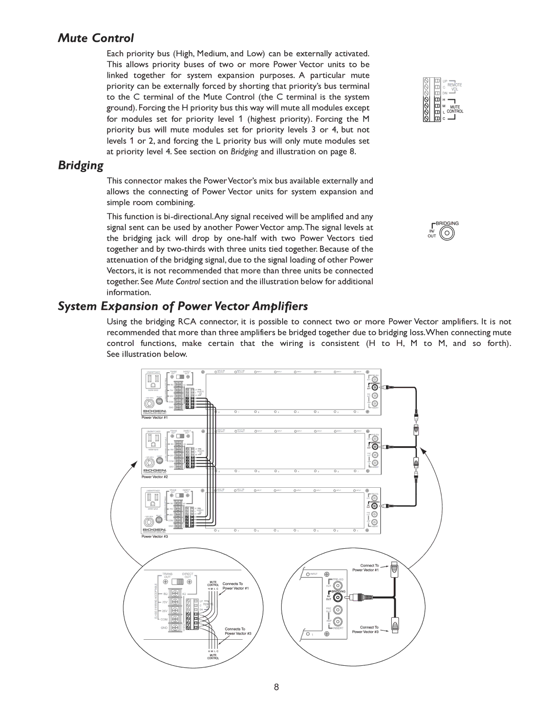 Bogen V35, & V250 specifications Mute Control, Bridging, System Expansion of Power Vector Amplifiers 