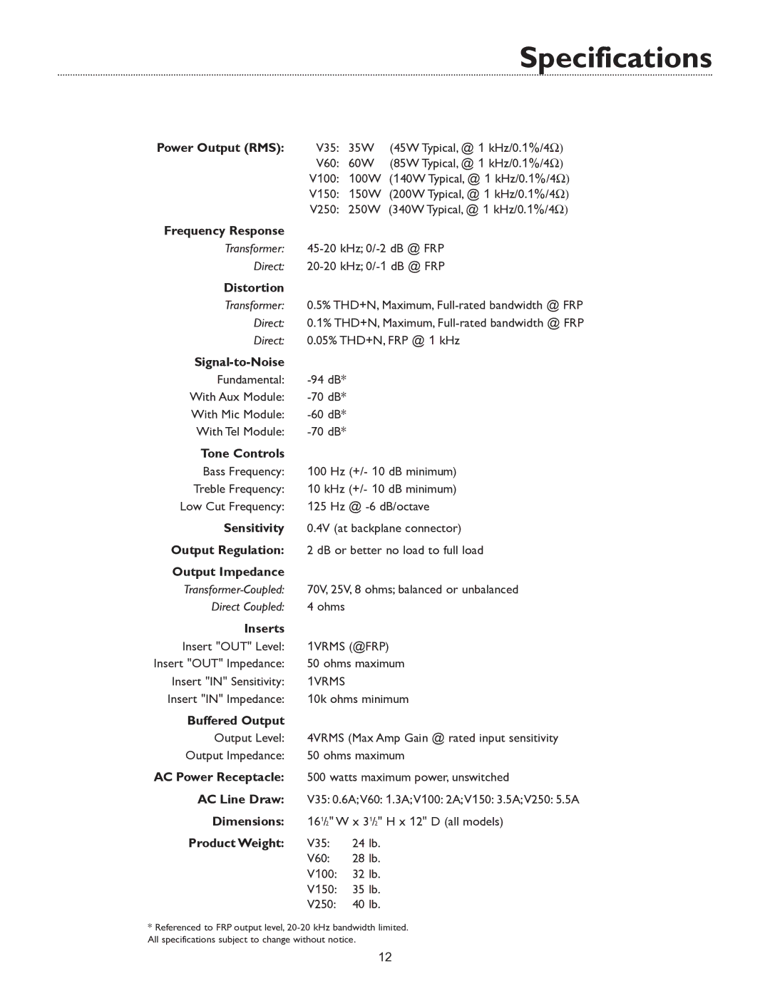 Bogen V35, & V250 specifications Specifications 