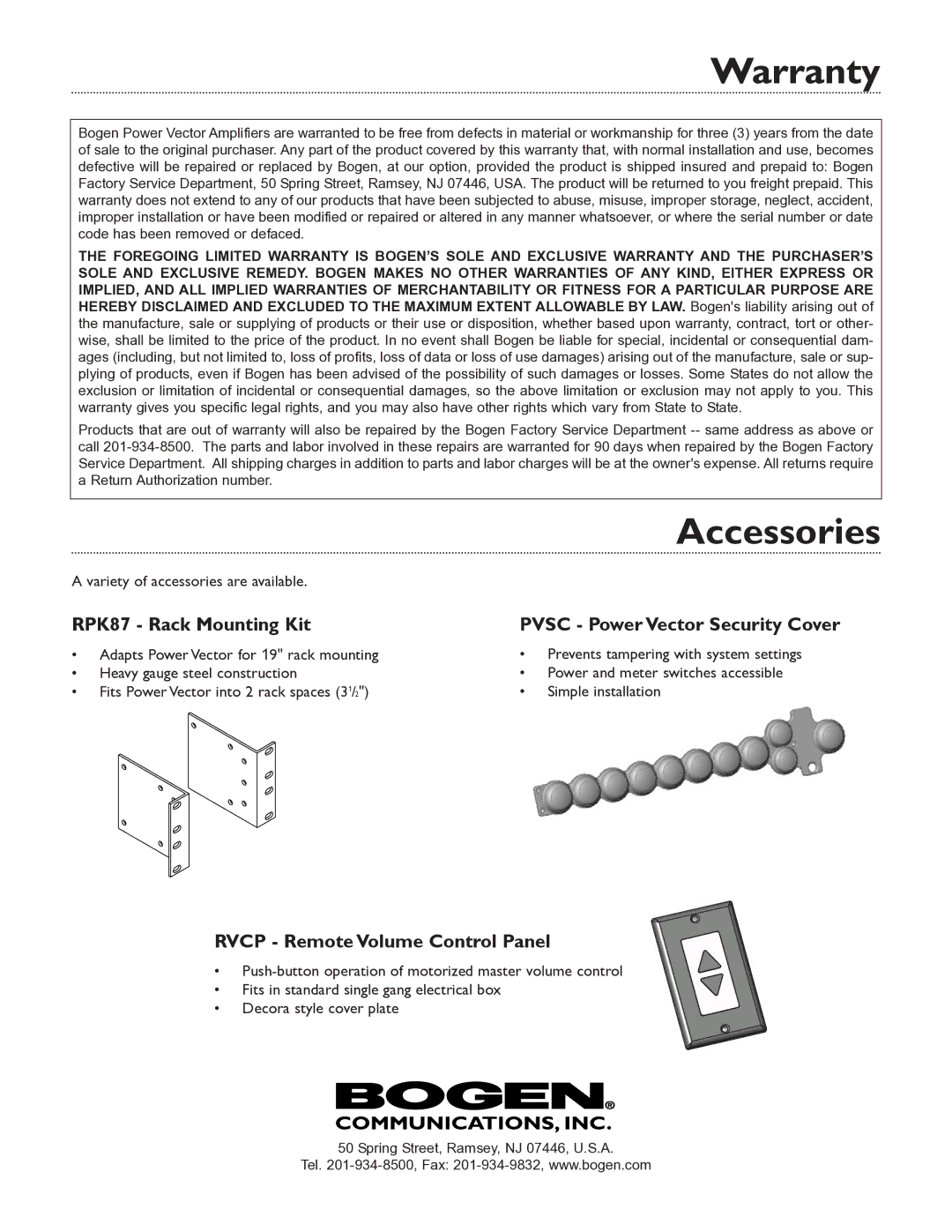 Bogen V35, & V250 specifications Warranty, Accessories 