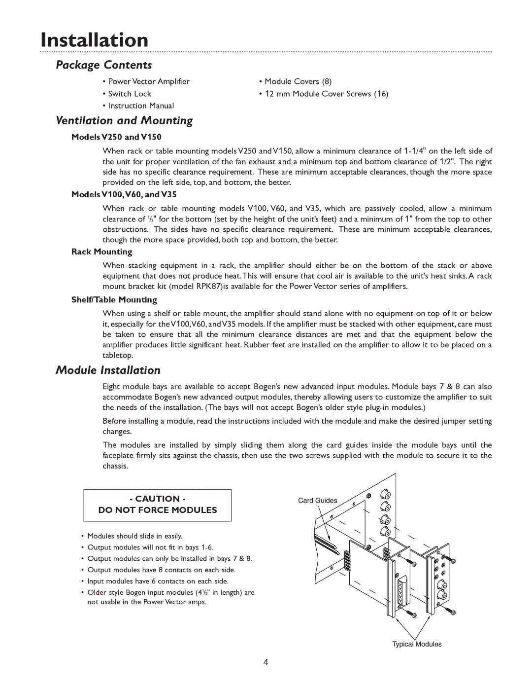 Bogen V35, & V250 specifications Package Contents, Ventilation and Mounting, Module Installation 