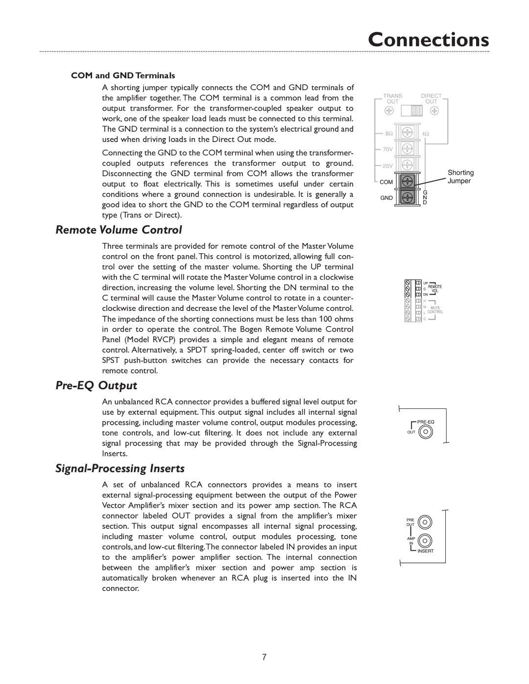 Bogen & V250, V35 specifications Remote Volume Control, Pre-EQ Output, Signal-Processing Inserts, COM and GND Terminals 