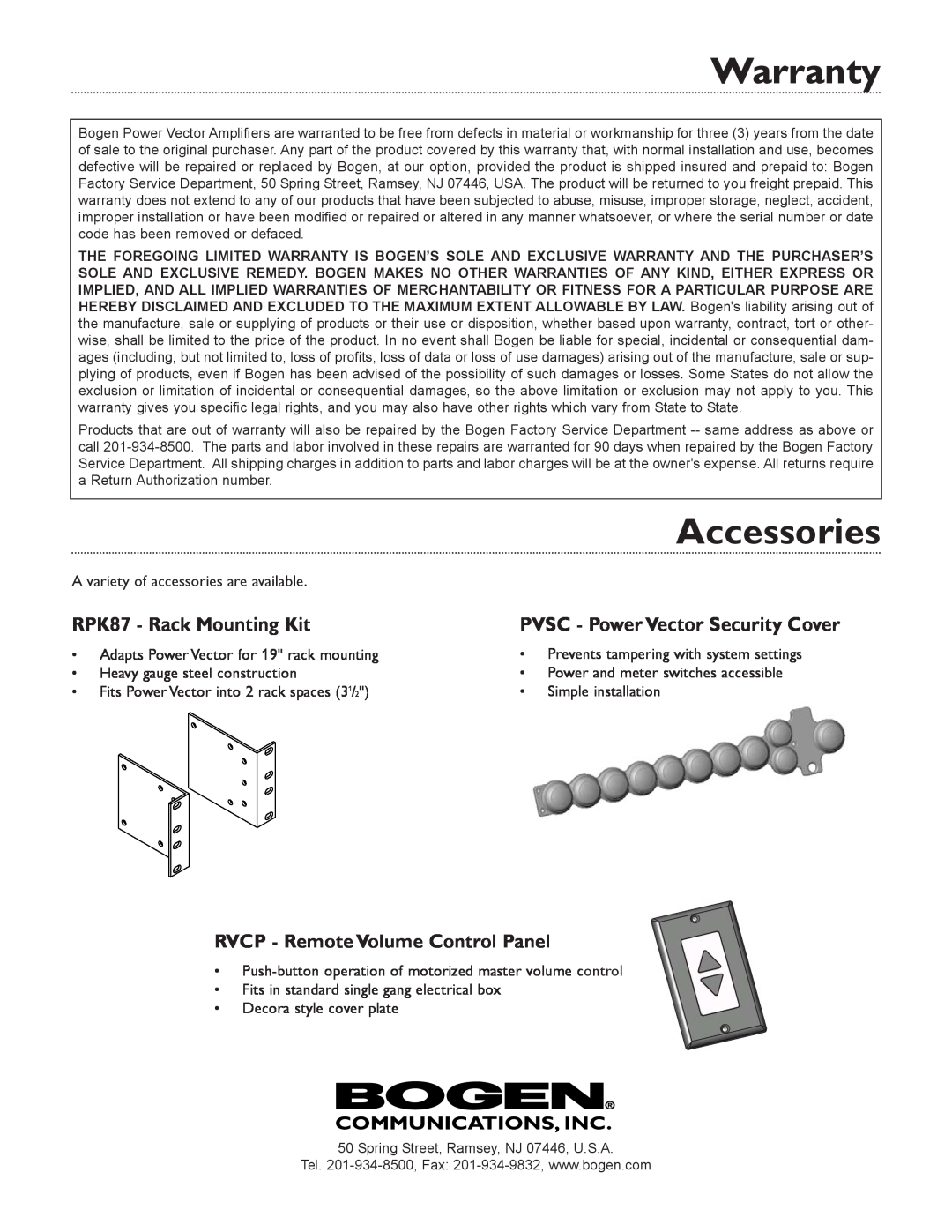 Bogen V35, & V250 specifications Warranty, Accessories, RPK87 - Rack Mounting Kit, RVCP - Remote Volume Control Panel 